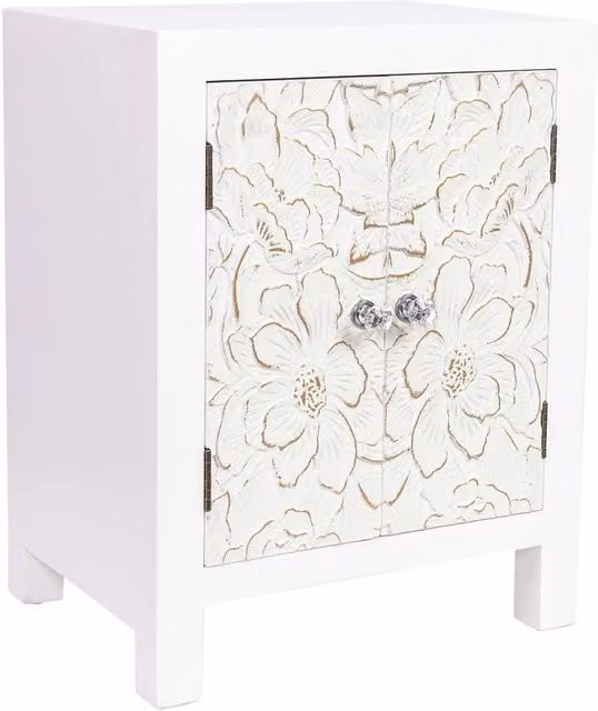 Tavolino Wanderlust Deco in stile shabby chic con decorazione floreale e 2 porte, colore bianco, L/P/H: 42 x 32 x 55 cm