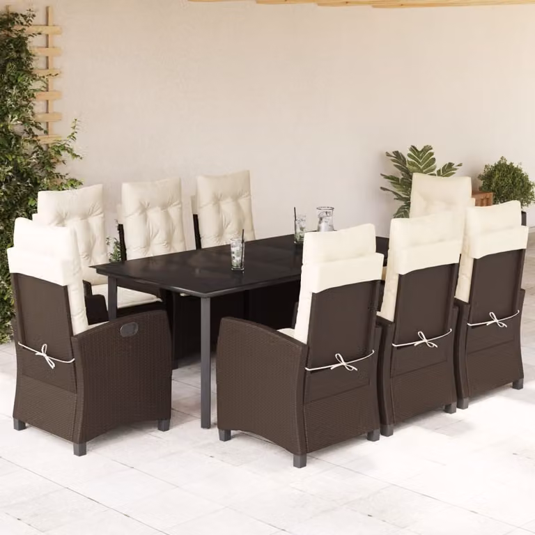 Set da Pranzo da Giardino vidaXL in Polyrattan Marrone con 9 Pezzi e Cuscini