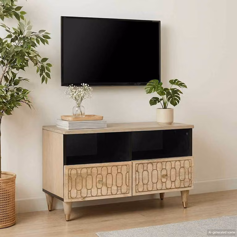 vidaXL Mobile Porta TV Moderno in Legno di Mango Marrone e Beige L: 70 cm, P: 33 cm, H: 46 cm
