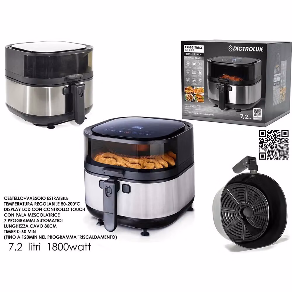 Friggitrice ad aria Trade Shop da 7,2 l con display LCD touch, 1800 Watt, colore argento in acciaio inossidabile – 2
