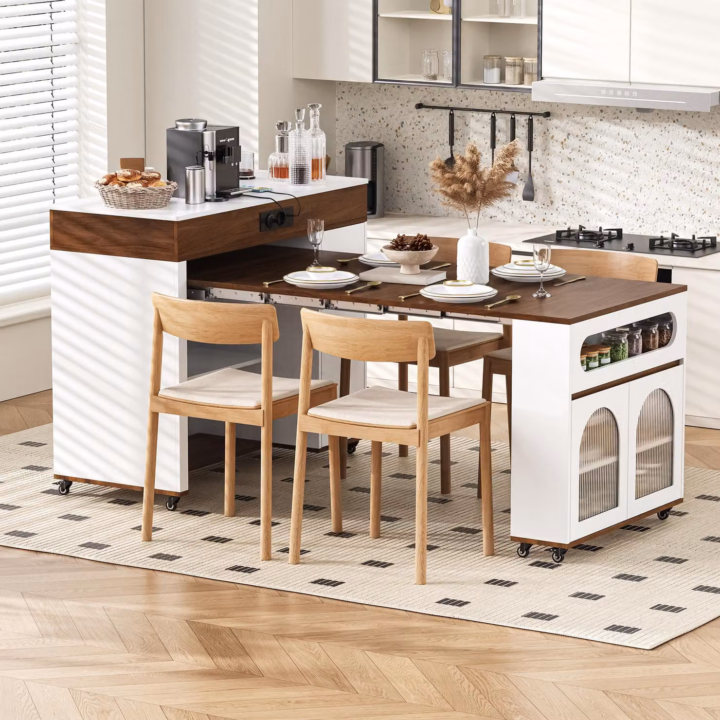 Tavolo allungabile con prese elettriche integrate, vetro smerigliato, bancone con un cassetto, tavolo da cucina 50,5-187,5x110,5x95,5 cm, bianco e noce