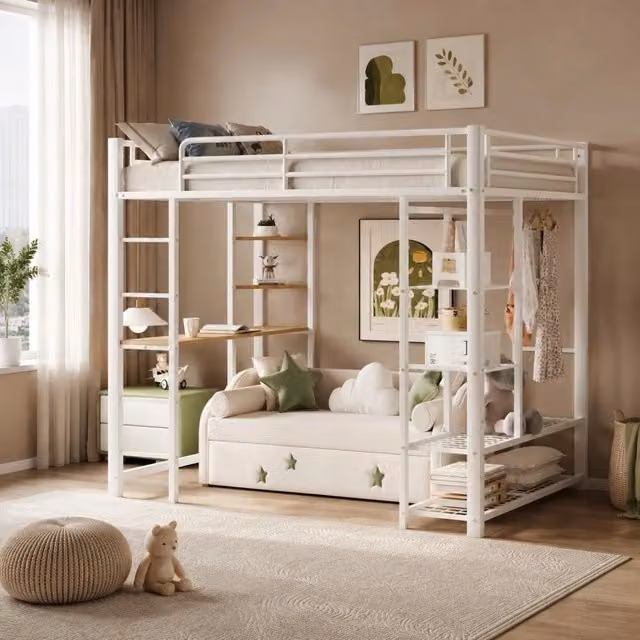 Letto a soppalco 90x200 cm con scrivania; ripiani e appendiabiti; metallo e MDF; bianco