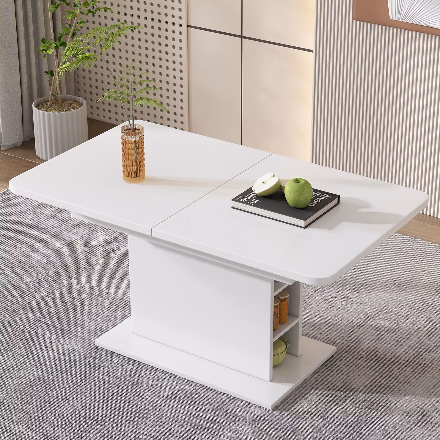 MODFU: Tavolo da pranzo allungabile, tavoli pieghevoli con spazio contenitore, tavolo da tempo libero rettangolare, multifunzionale, effetto cemento, bianco