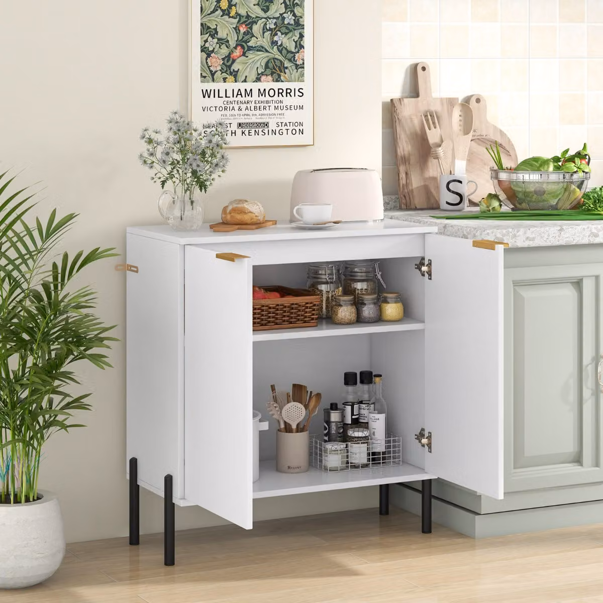 Mobile credenza moderna Costway bianca con ripiani interni e ante a battente per soggiorno