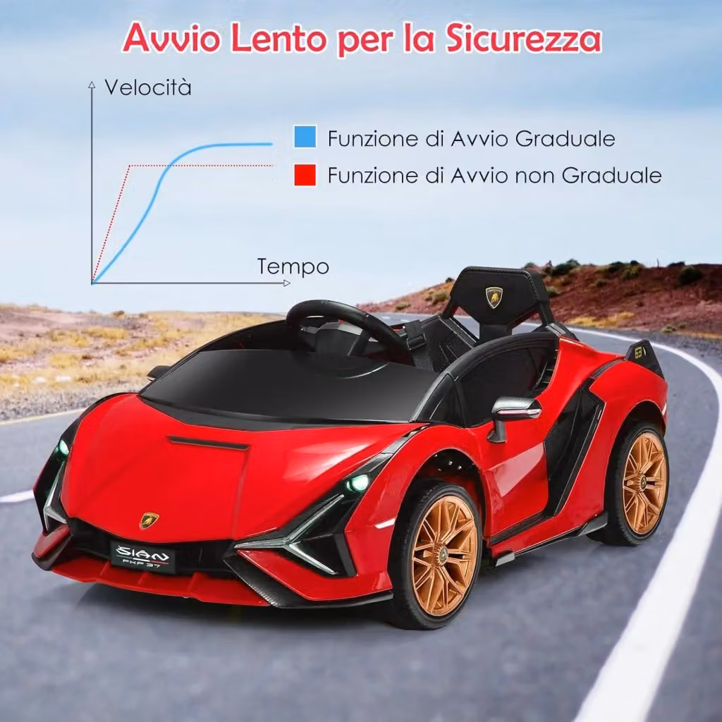 Macchina Elettrica Lamborghini Costway da 12V per Bambini con Luci LED, MP3 e Telecomando, Colore Rosso – 2