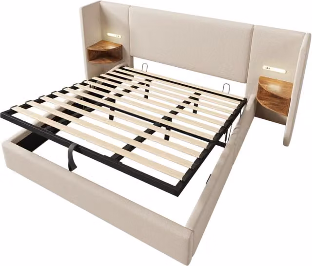 Letto matrimoniale 180x200 beige con contenitore, comodino integrato, lampada da lettura e ricarica USB Type-C, struttura in legno massiccio e metallo senza materasso