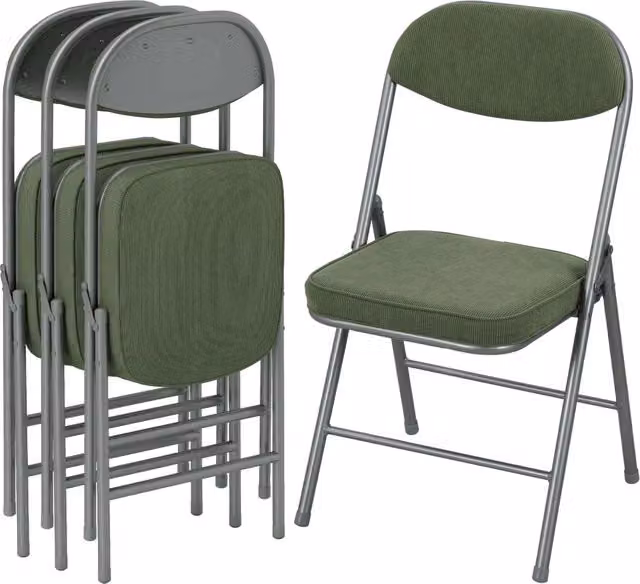 Set di 4 sedie pieghevoli da pranzo Xylo con seduta e schienale imbottiti in velluto verde e struttura in metallo – 1