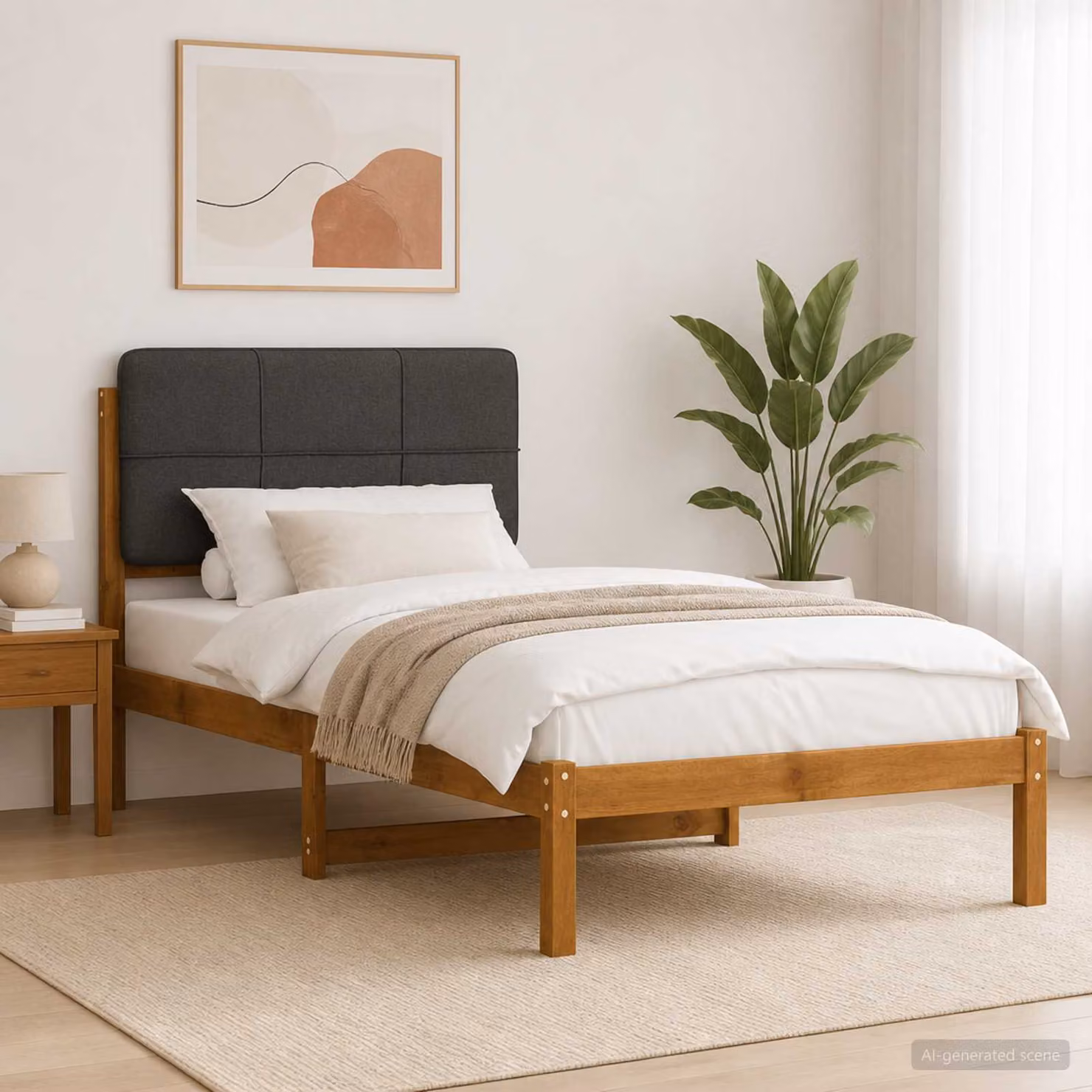 Letto con Testiera Rivestita vidaXL in Legno di Acacia e Tessuto, Colore Naturale e Grigio Scuro, L/P/H: 140 x 80 x 200 cm