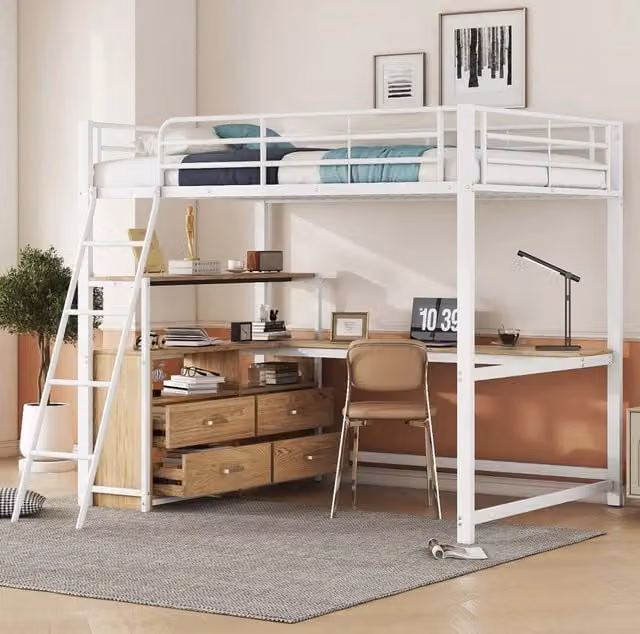 Letto a soppalco 140x200 cm con scrivania a L e 2 cassetti; MDF e metallo; bianco
