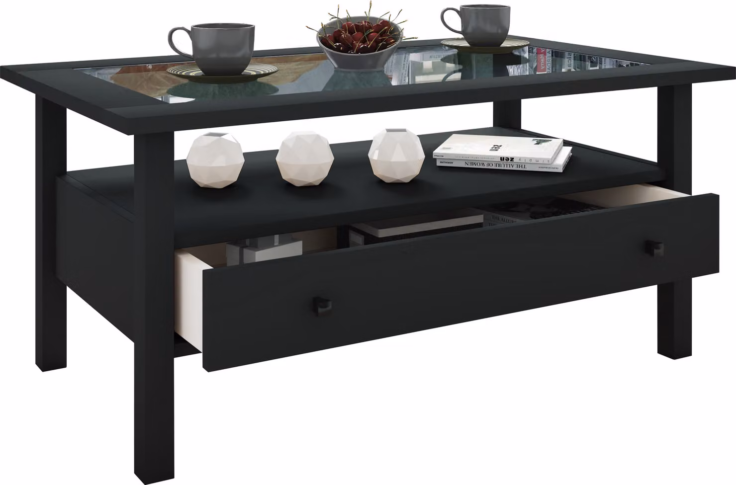 Tavolino in legno con vetro di sicurezza ESG | Tavolino semplice | Dimensioni ca. H. 42 x W. 90 x D. 54 cm | Tavolo soggiorno con cassetto | Divano - Lingis L