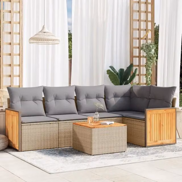 Set Divano da Giardino a L VIDAXL in Polyrattan con Cuscini Beige e Grigio, 6 Pezzi