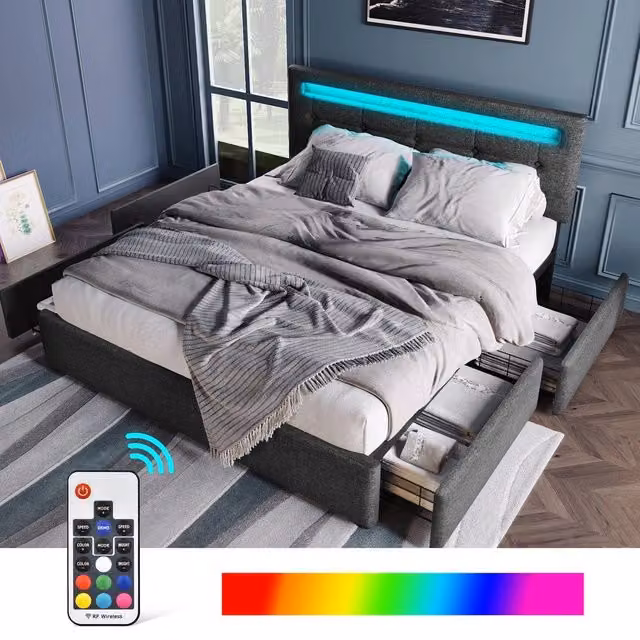 Letto Matrimoniale Imbottito con LED e Cassetti ¨C Xylo ¨C Grigio, Testiera Regolabile, Rete a Doghe, 140x200