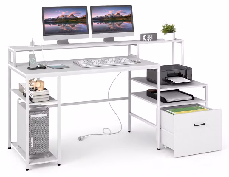 Scrivania per computer con stazione di ricarica, tavolo da lavoro con cassetto scorrevole, supporto per monitor, struttura in metallo e piedini regolabili, dimensioni 166x60x88 cm