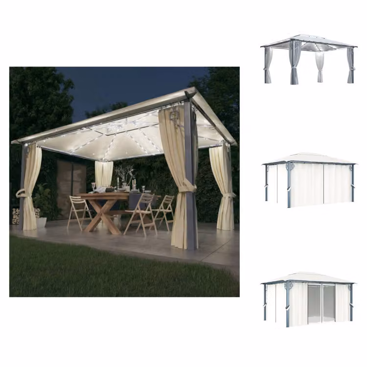 vidaXL Padiglione con tende e luci LED 400x300 cm in alluminio color crema - Padiglioni e tendoni per feste