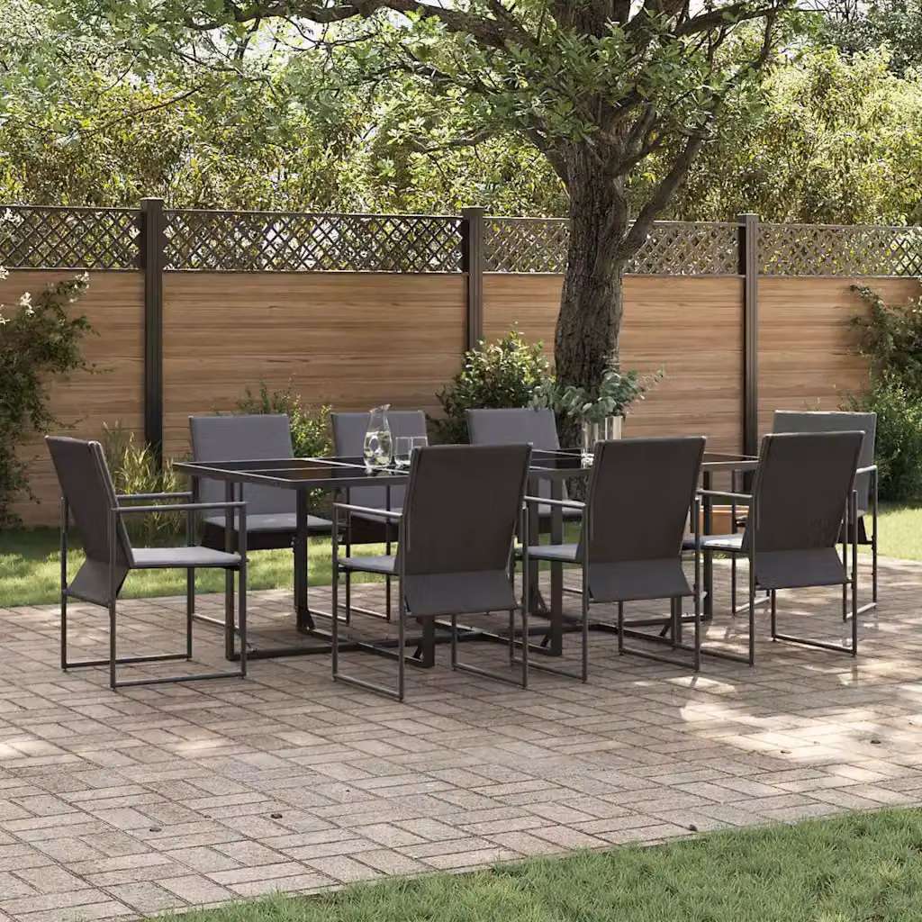 Set da pranzo per giardino e terrazzo vidaXL in acciaio antracite e vetro nero, 9 pezzi