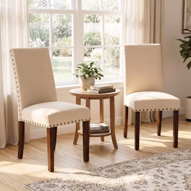 Set di 2 sedie da pranzo imbottite Costway in tessuto beige con gambe in legno massello e piedini regolabili per cucina e sala da pranzo