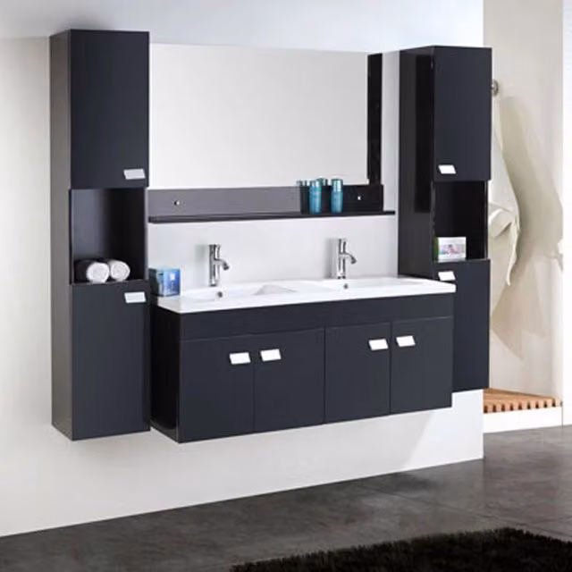 Mobile bagno moderno Elegance nero e bianco con base lavabo, colonna e armadietto specchio sospesi L: 120 cm, P: 46 cm, H: 50 cm
