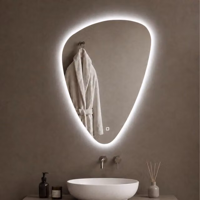 Specchio triangolare stondato OGOMONDO con retroilluminazione LED dimmerabile e comando touch, L: 60 cm, H: 80 cm