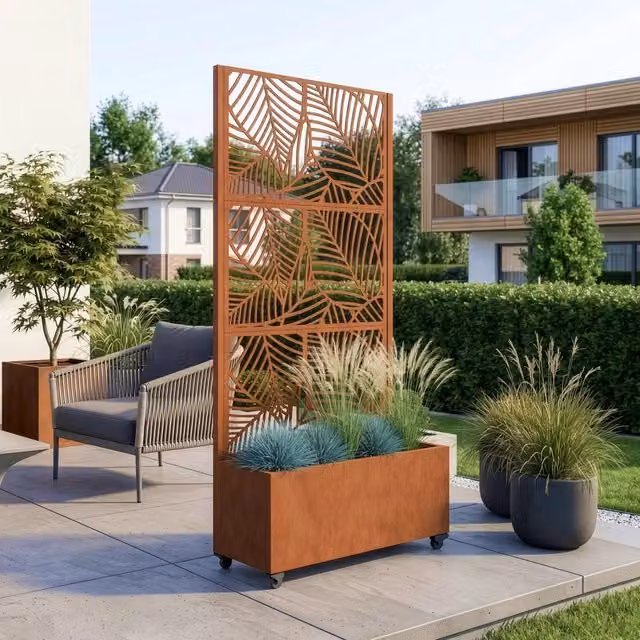 Fioriera con Spalliera e Separè Surnskoki casa.pro in Acciaio Corten Marrone Ossidato con Rotelle L: 82 cm, P: 38 cm, H: 190 cm – 1