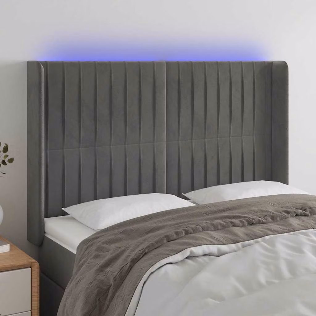 vidaXL Testiera con LED e porta USB in velluto grigio, L/P/H: 147 x 16 x 118/128 cm – 1