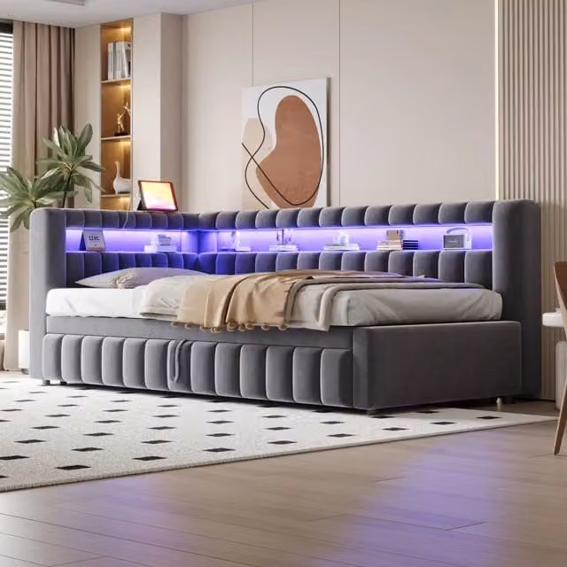 Sofabett 90x200 cm; letto estraibile con LED e ricarica; velluto grigio