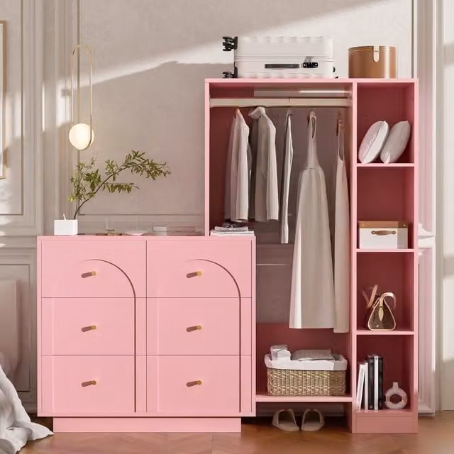 Armadio modulare aperto con appendiabiti, 6 cassetti e ripiani laterali, per camera da letto, rosa, 139 × 35 × 133 cm