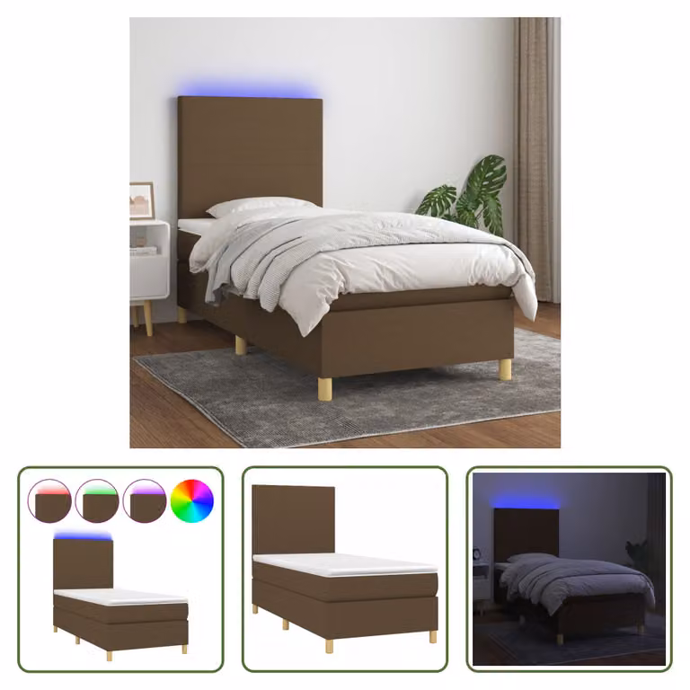 The Living Store Letto a molle con materasso e LED in tessuto marrone scuro 90x190 cm