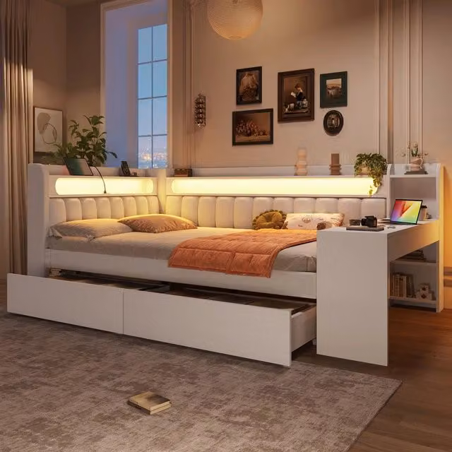 Letto Imbottito con Scrivania e Cassetti, LED e USB ¨C MINIMAL ¨C Bianco 140x200