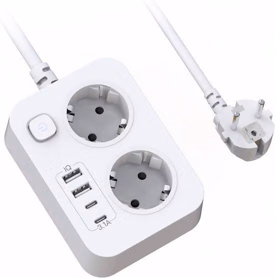 Adattatore di corrente con 2 prese – porta USB – interruttore on/off – protezione da sovraccarico – lunghezza del cavo 1,8 m – colore bianco