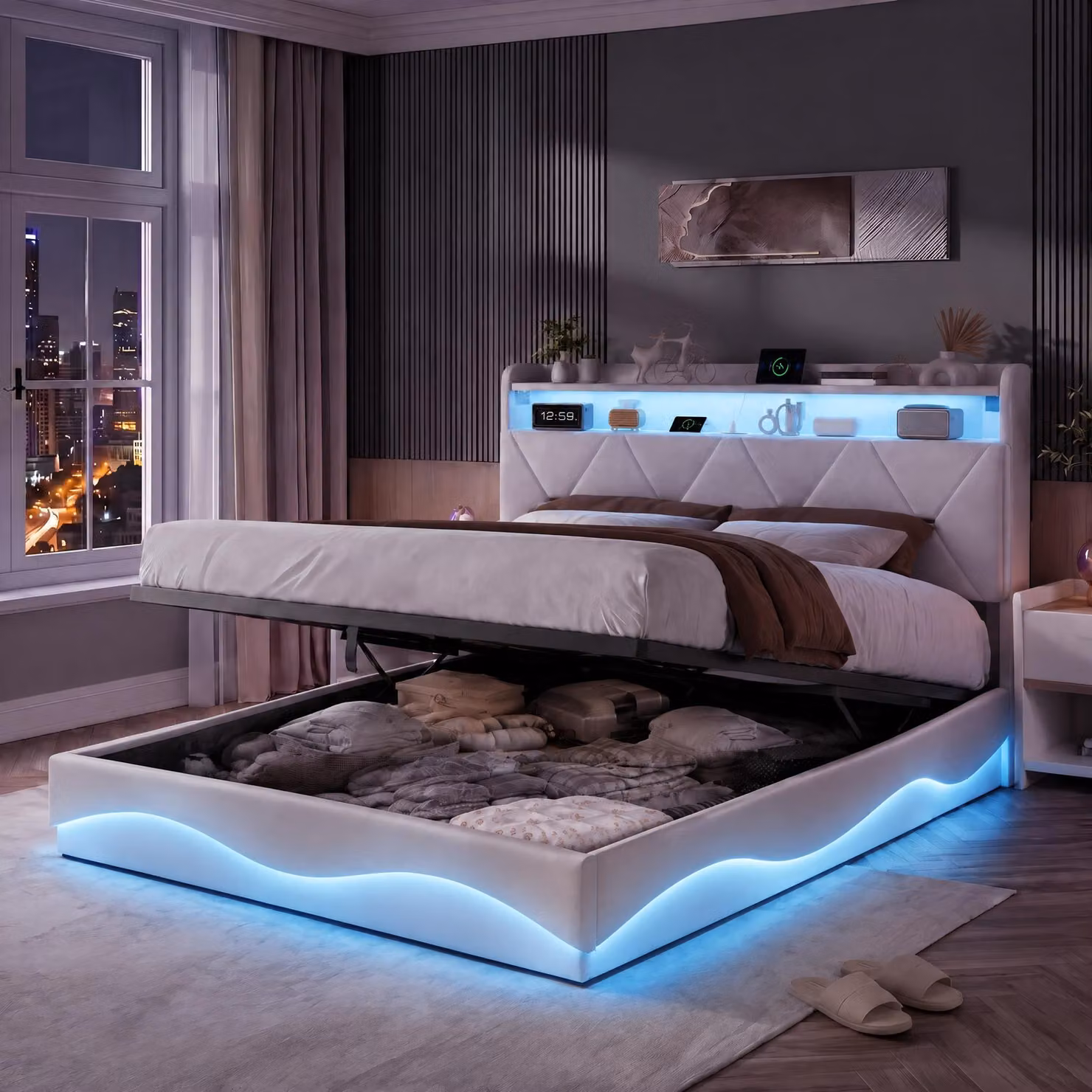 Letto matrimoniale con boxspring, imbottito, 140x200 cm, con LED e USB, contenitore a sollevamento idraulico, struttura letto con rete a molle, tessuto velluto, color beige