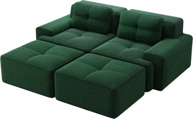 Divano modulare a forma di U in velluto a coste verde, 2 posti con seduta profonda e pouf, senza montaggio