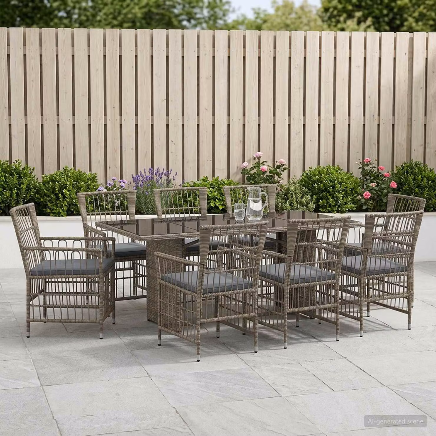 Set da pranzo per esterni vidaXL in polyrattan e vetro, 9 pezzi, Grigio
