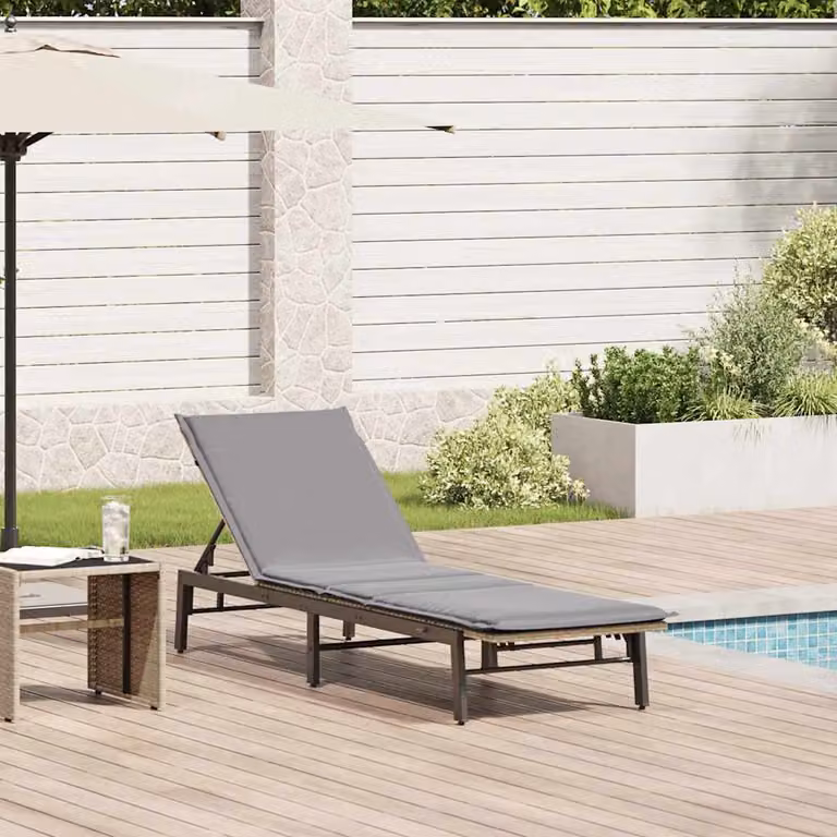 vidaXL Lettino Prendisole in Polyrattan con Cuscini Beige e Grigio, Poggiatesta Regolabile e Schienale Inclinabile per Giardino