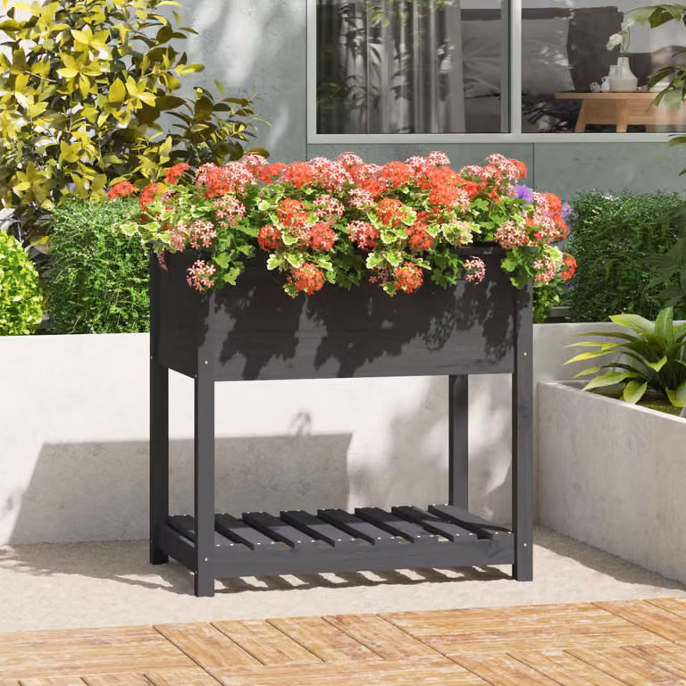 Fioriera rialzata con mensola vidaXL in legno di pino, colore grigio, L: 82,5 cm, P: 54 cm, H: 81 cm