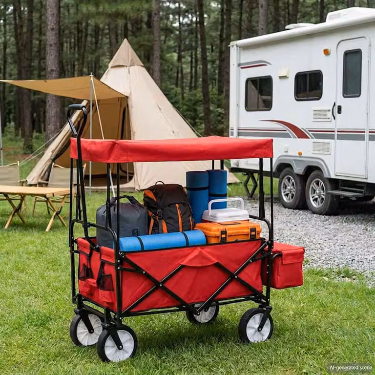 vidaXL Carrello Pieghevole a Mano con Tettuccio in Acciaio, Rosso e Grigio, L/P/H: 119 x 54 x 16 cm