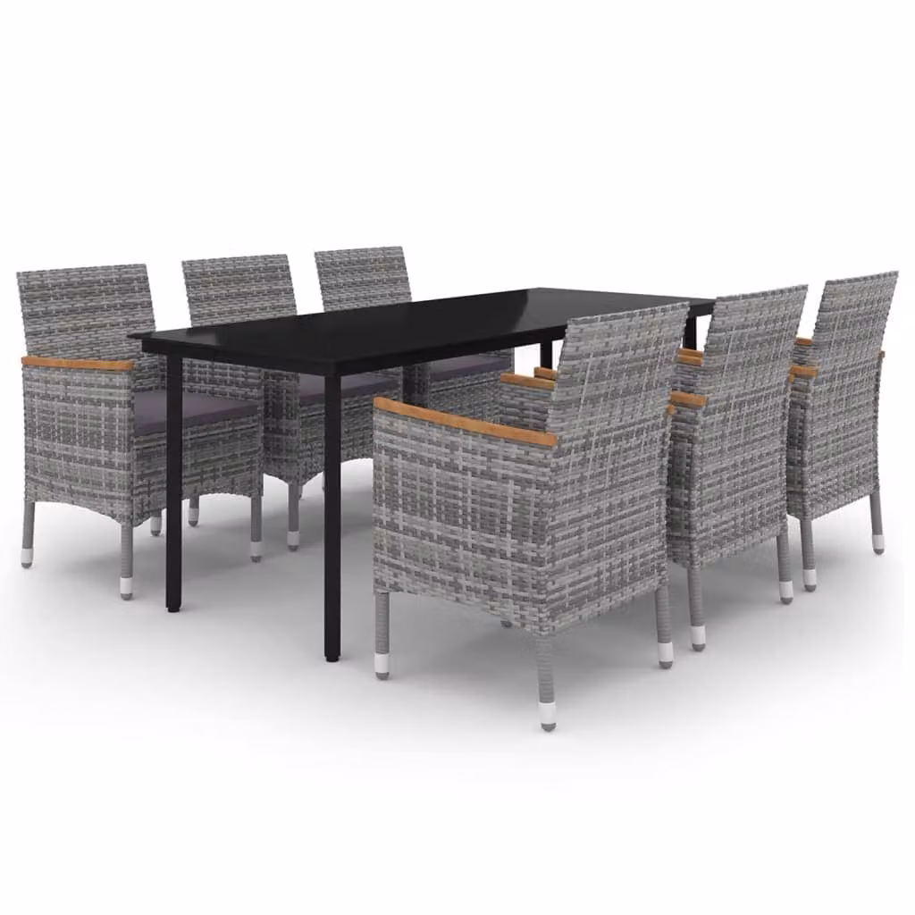 Set da Pranzo da Giardino con Cuscini 7 pz Polyrattan e Vetro
