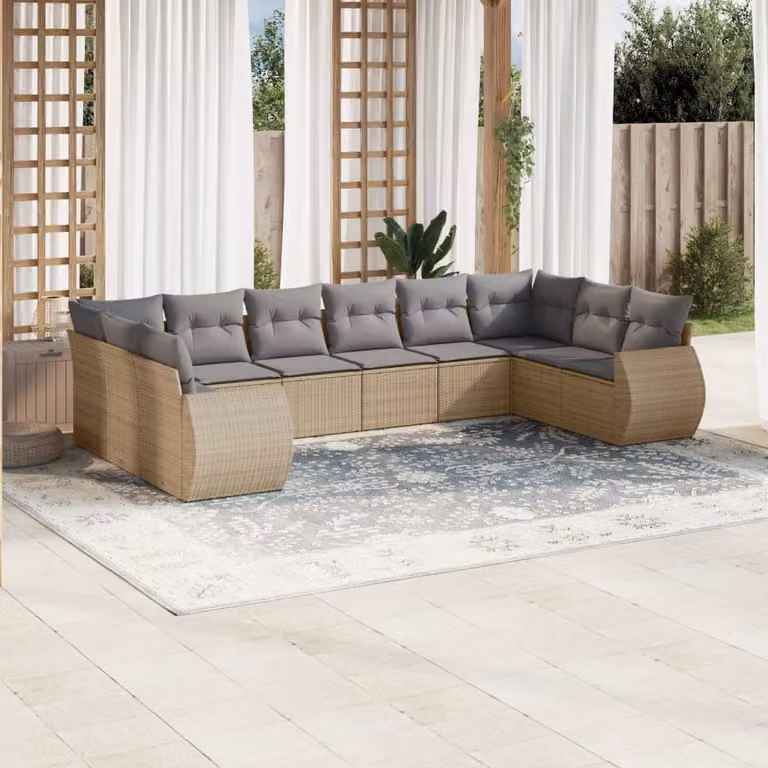 vidaXL Set Divano da Giardino 10 pz in Polyrattan con Cuscini Beige e Struttura in Metallo