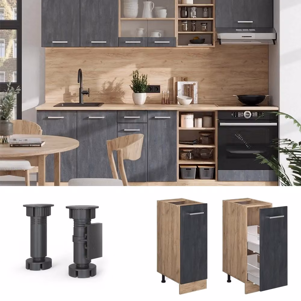 Armadio dispensa da cucina Vicco R-Line Calce nera e Rovere dorato con ante a battente e cassetti interni L: 30 cm, H: 81.6 cm, P: 46 cm – 2