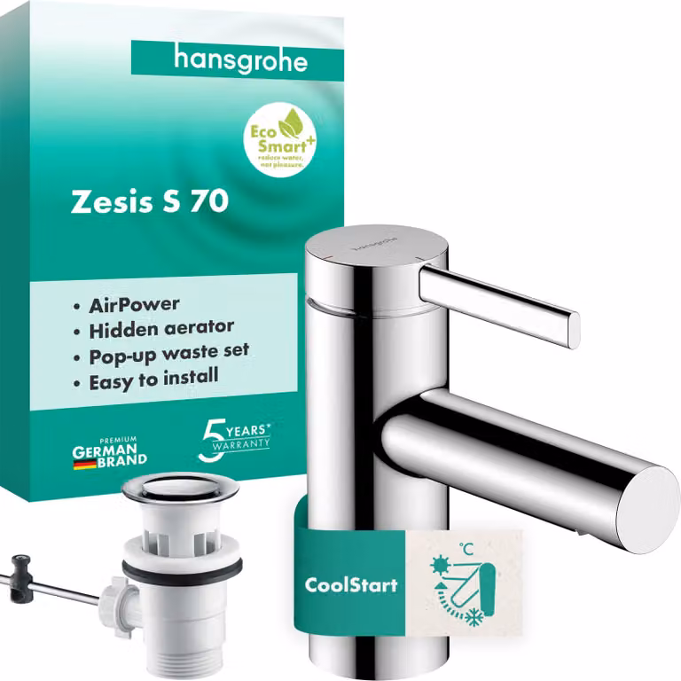 Miscelatore per lavabo Zesis S, cromato, altezza del beccuccio 74 mm, tecnologia EcoSmart+