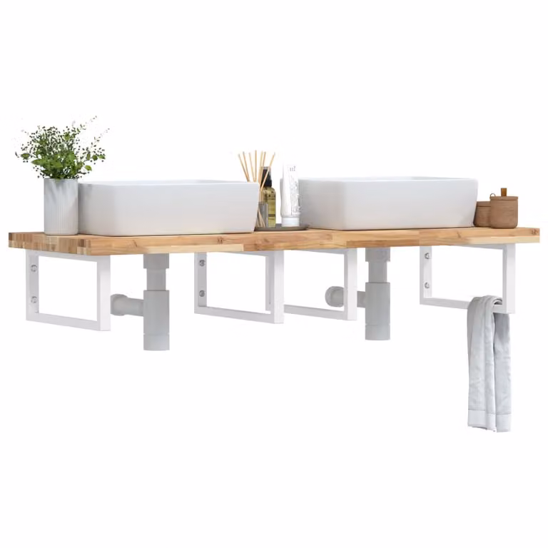 vidaXL Ripiano a Parete per Lavabo in Accacia e Acciaio, Bianco e Marrone