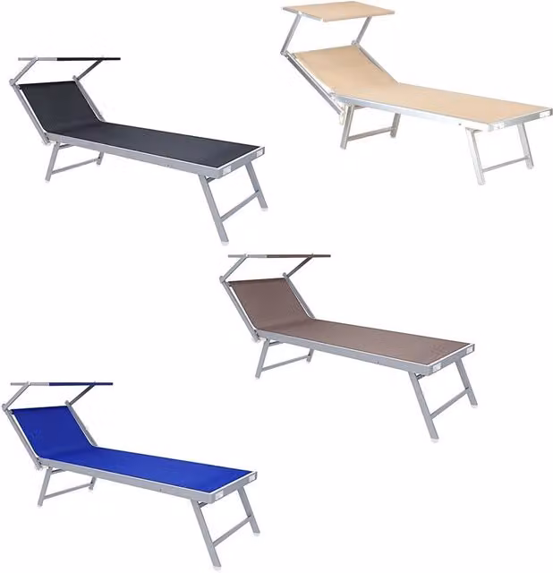 Trade Shop - Lettino Pieghevole Prendisole In Alluminio Textilene Con Parasole Orientabile 186x61x38cm -