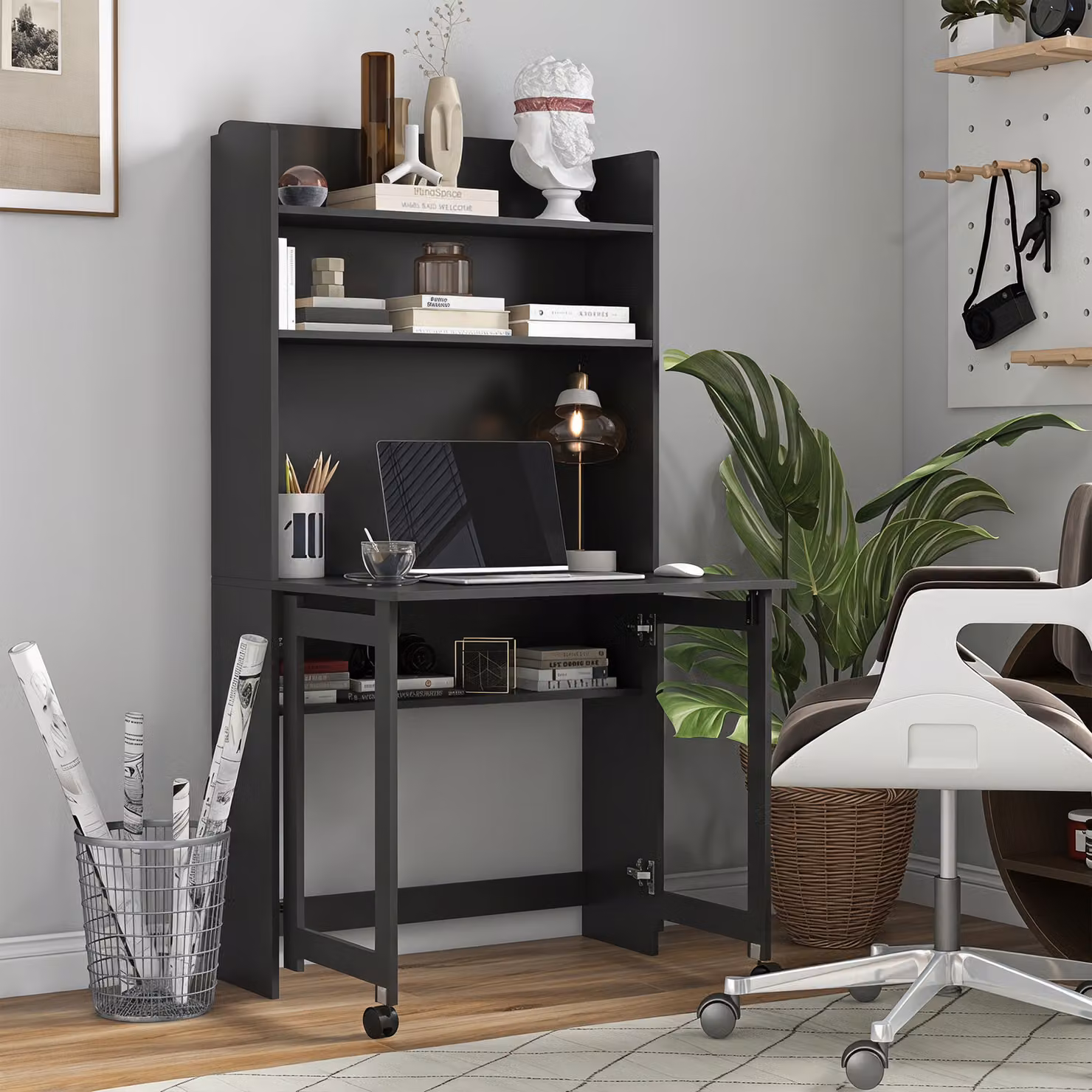 Scrivania per computer HOMCOM con piano ribaltabile, ripiani e 2 ruote, nero, L: 80 cm, P: 69 cm, H: 155 cm – 2