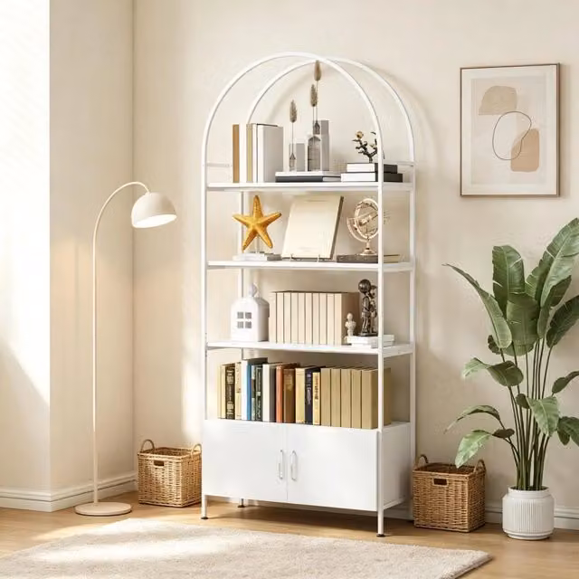 Libreria ad arco WISHDOR a 4 livelli con armadio a doppia porta, scaffale autoportante in MDF e metallo, bianco