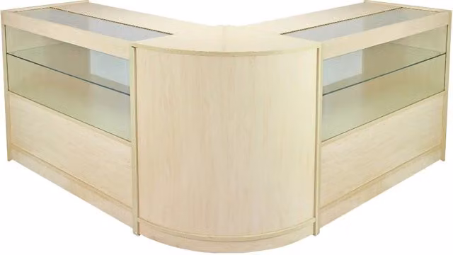 Set Gemini Monster Retail composto da 3 banconi da negozio e reception con finitura in acero laminato e dettagli in vetro, colore beige, L/P/H: 120 x 90 x 60 cm