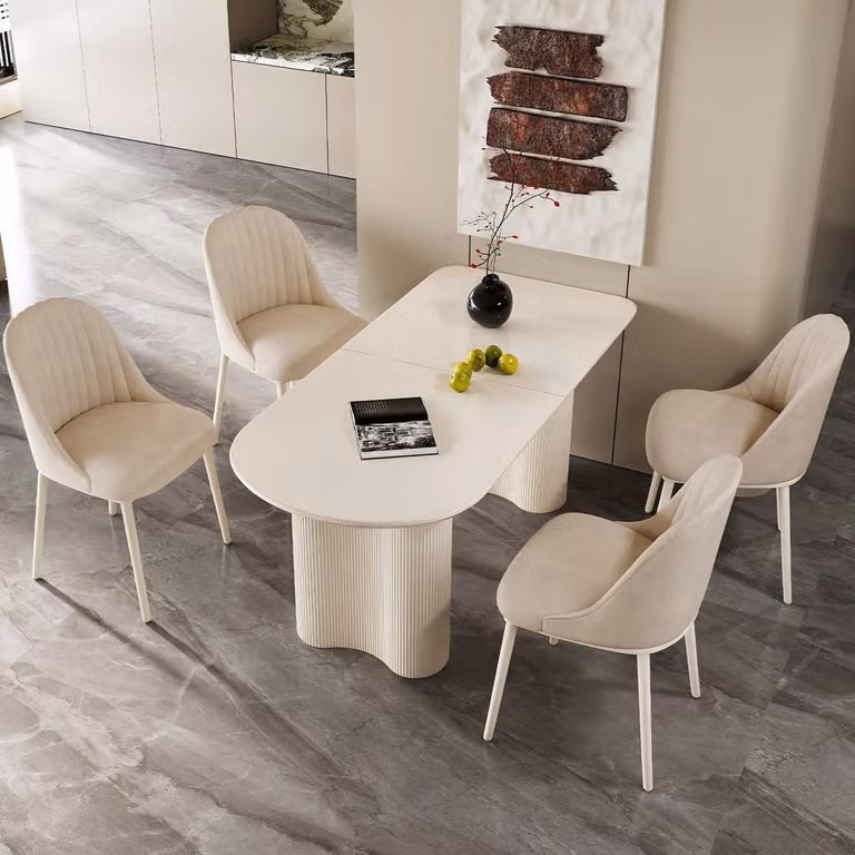 Tavolo da pranzo con 4 sedie imbottite, colore bianco, dimensioni 180 cm. Design minimalista e salvaspazio