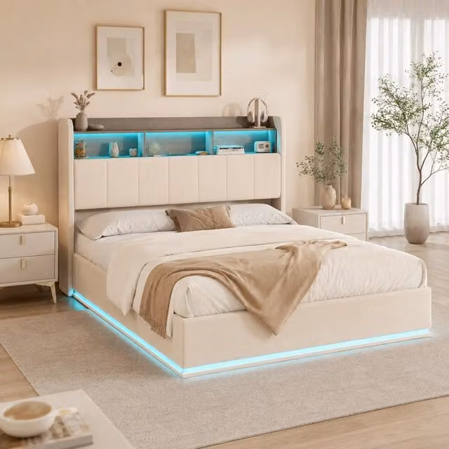 Letto matrimoniale contenitore idraulico 140x200 cm, rivestimento velluto beige, testiera con vani, LED RGB, porte USB‑A e USB‑C, capacità 350kg