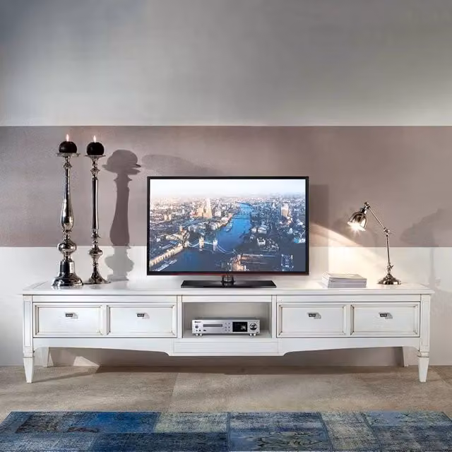 Porta TV classico in legno shabby bianco con 2 cassetti Mobili 2G L: 220 cm, P: 50 cm, H: 51 cm – 4
