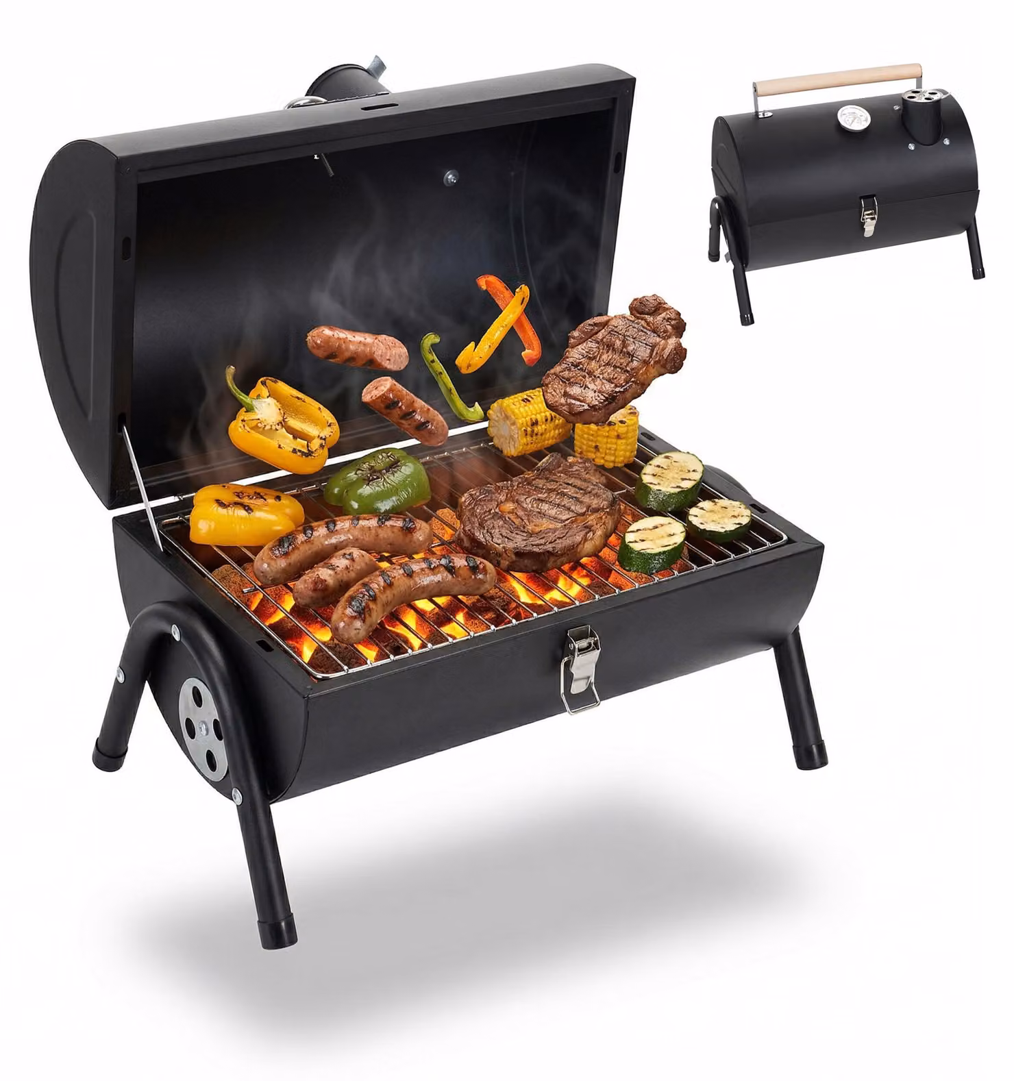 Barbecue da campeggio Relaxdays, 2 vaschette per il carbone, termometro, condotto di scarico dei fumi, A x L x P: 35 x 41 x 29 cm, barbecue da tavolo portatile, nero
