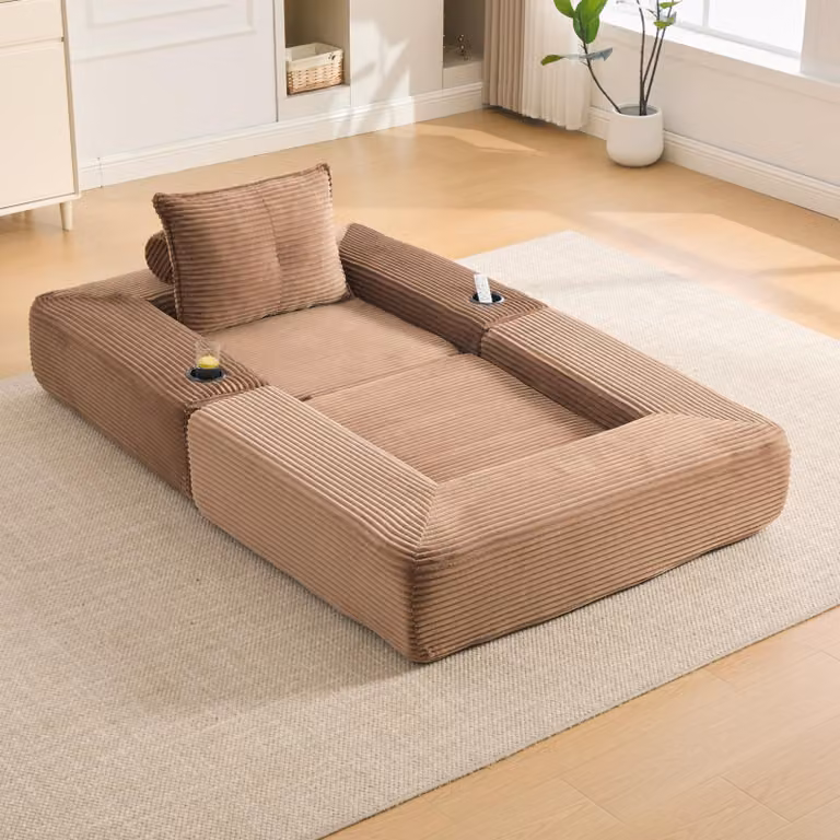 Poltrona relax MODFU con cuscino per lo schienale, tasche laterali e portabevande, divano monoposto in velluto, divano modulare con braccioli rimovibili, trasformabile in letto, marrone