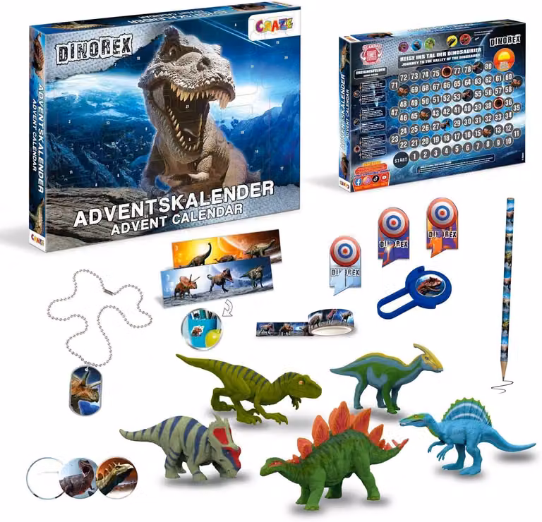 Calendario dell'Avvento DINOREX per bambini - Calendario dell'Avvento a tema dinosauri - Calendario natalizio con figure di dinosauri e accessori per la scrittura
